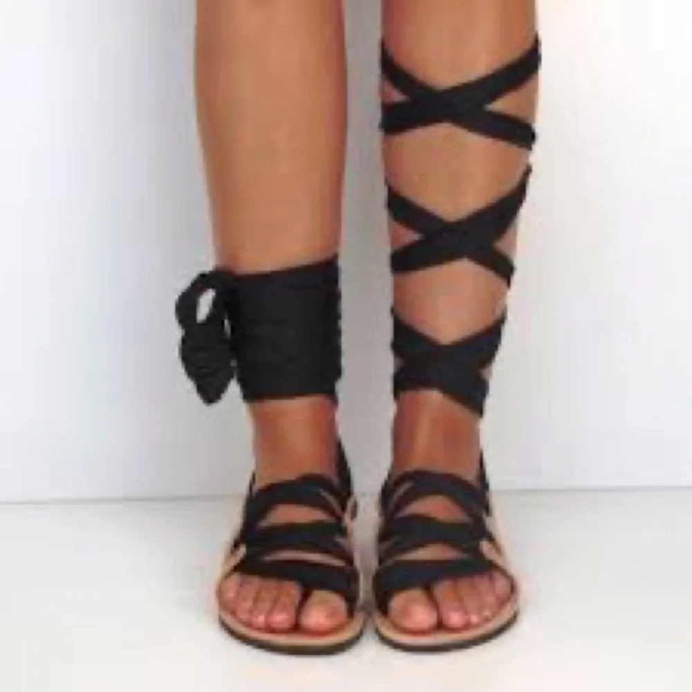 Womens Black Lace-Up Gladiator Sandals